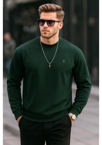 Erkek Bisiklet Yaka Nakışlı Bol Yeşil Sweatshirt