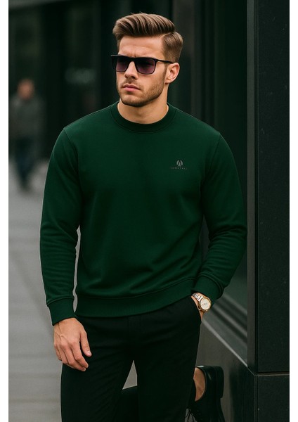Erkek Bisiklet Yaka Nakışlı Bol Yeşil Sweatshirt modelleri