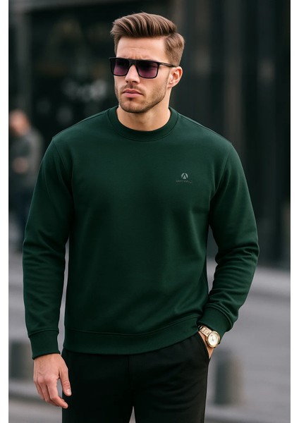 Erkek Bisiklet Yaka Nakışlı Bol Yeşil Sweatshirt fırsatları