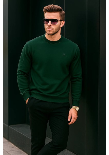Erkek Bisiklet Yaka Nakışlı Bol Yeşil Sweatshirt