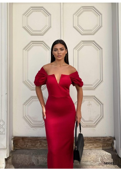 Esnek Scuba Kumaş Straplez Kol Pile Detaylı Abiye Elbise Kırmızı 583323 fiyatları