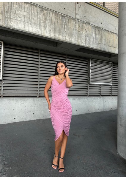 Esnek Sandy Kumaş Büzgü Detaylı Abiye Elbise 583278 Pudra