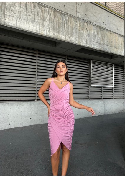 Esnek Sandy Kumaş Büzgü Detaylı Abiye Elbise 583278 Pudra fiyatları