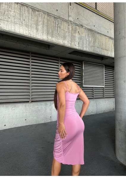 Esnek Sandy Kumaş Büzgü Detaylı Abiye Elbise 583278 Pudra modelleri