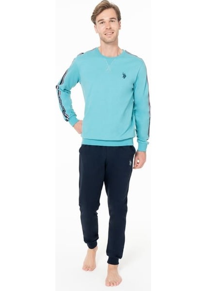 Erkek Bisiklet Yaka Uzun Kollu Pijama Takımı S26942 Bantlı Paça