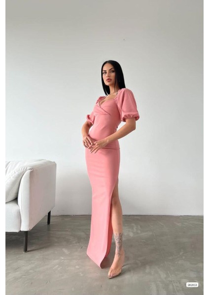 Krep Kumaş Kruvaze Yaka Balon Kol Yırtmaç Detaylı Maxi Elbise Pudra 582853 fiyatları