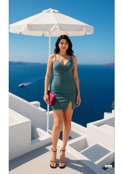 Askılı Yırtmaç Detaylı Mini Elbise 581816 Mint