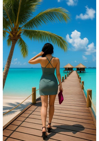 Askılı Yırtmaç Detaylı Mini Elbise 581816 Mint fiyatları