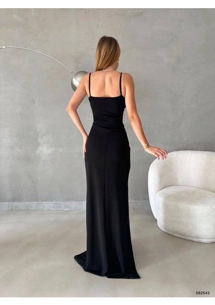 Ince Askılı Göğüs Nervürlü Yırtmaçlı Balık Abiye Elbise 582543 Siyah fiyatları