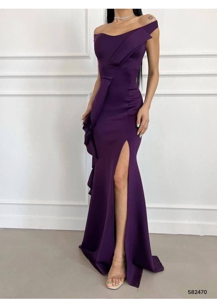 Kayık Yaka Çapraz Detaylı Fırfırlı Yırtmaçlı Balık Model Uzun Abiye Elbise 582470 Mor