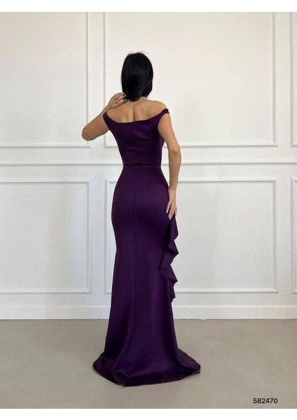 Kayık Yaka Çapraz Detaylı Fırfırlı Yırtmaçlı Balık Model Uzun Abiye Elbise 582470 Mor fırsatları