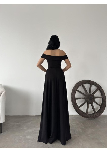 Kayık Yaka Yırtmaçlı Uzun Abiye Elbise 58819 Siyah modelleri