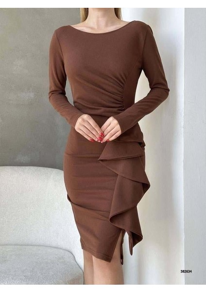 Bisiklet Yaka Uzun Kol Volan Detay Ithal Krep Kumaş Elbise 582634 Kahverengi