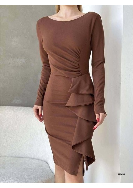 Bisiklet Yaka Uzun Kol Volan Detay Ithal Krep Kumaş Elbise 582634 Kahverengi fiyatları