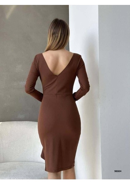 Bisiklet Yaka Uzun Kol Volan Detay Ithal Krep Kumaş Elbise 582634 Kahverengi modelleri