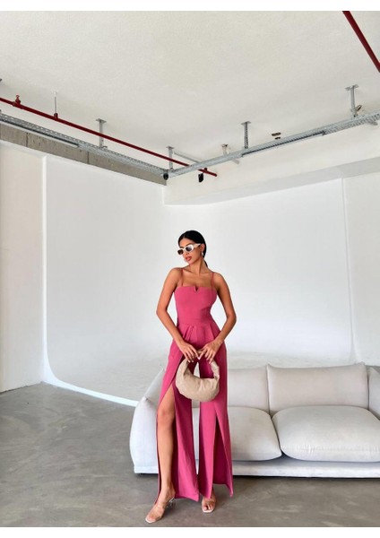 Krep Kumaş Askılı Yaka ve Yırtmaç Detaylı Tulum 582232 Fuşya fiyatları