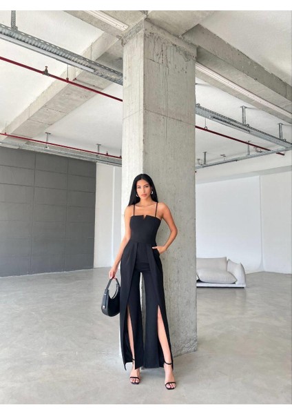 Krep Kumaş Askılı Yaka ve Yırtmaç Detaylı Tulum 582232 Siyah fiyatları