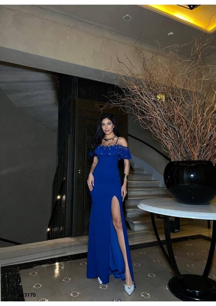 Askılı Taşlı Yırtmaçlı Uzun Abiye Elbise Saks 583170