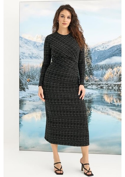 Monamise Desenli Uzun Kollu Elbise