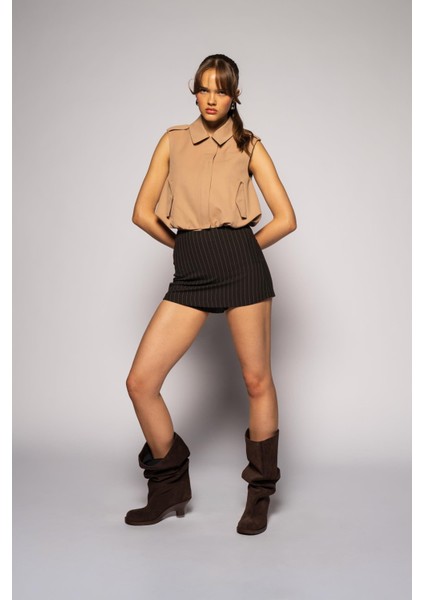 Kadın Camel Gömlek Yaka Beli Lastikli Yelek