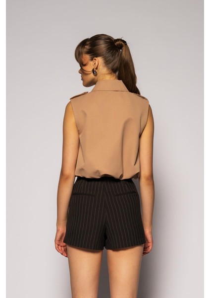 Kadın Camel Gömlek Yaka Beli Lastikli Yelek modelleri