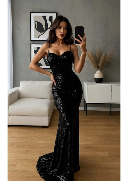 Uzun Abiye, Askılı Pul Payet Dekolte Kuyruklu Elbise Siyah 583220