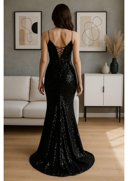 Uzun Abiye, Askılı Pul Payet Dekolte Kuyruklu Elbise Siyah 583220 fiyatları