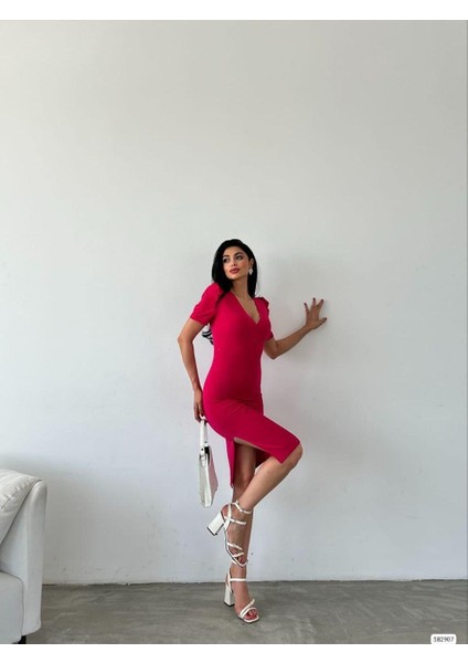 Kruvaze Yaka Yandan Yırtmaçlı Elbise 582907 Fuşya