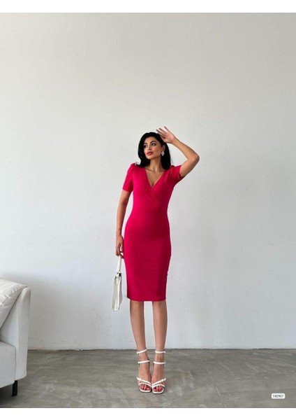 Kruvaze Yaka Yandan Yırtmaçlı Elbise 582907 Fuşya fiyatları