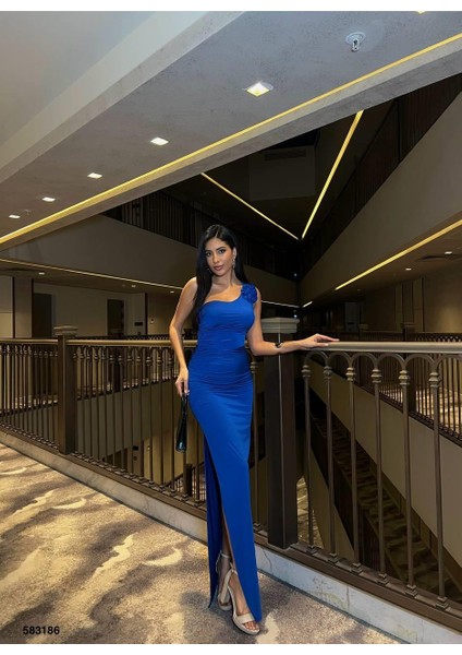 Sandy Kumaş Tek Omuz Detaylı Uzun Elbise 583186 Saks