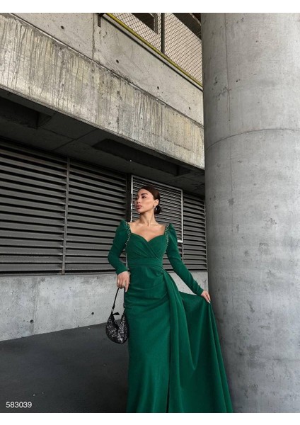 Simli Kol Detay Abiye 583039 Zumrut