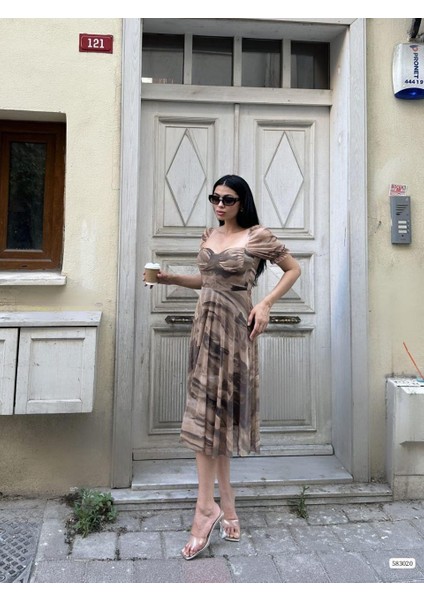 Desenli Tül Elbise 583020 Kahve