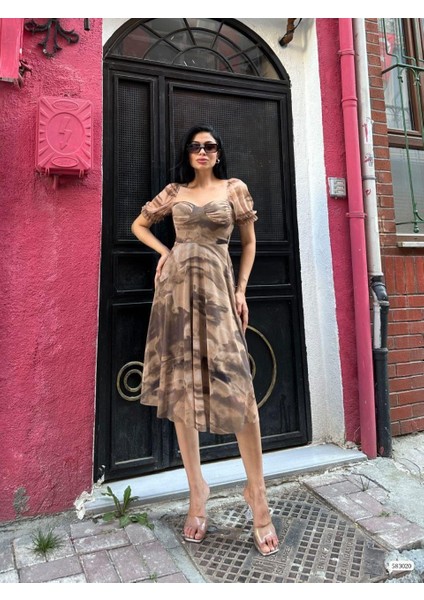 Desenli Tül Elbise 583020 Kahve fiyatları
