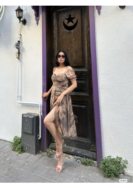 Desenli Tül Elbise 583020 Kahve fırsatları