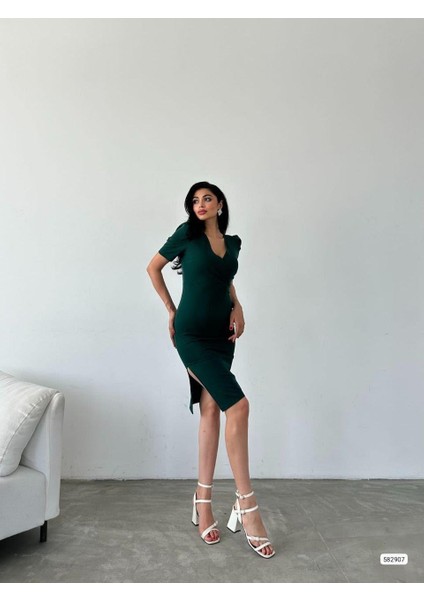 Kruvaze Yaka Yandan Yırtmaçlı Elbise 582907 Zumrut modelleri