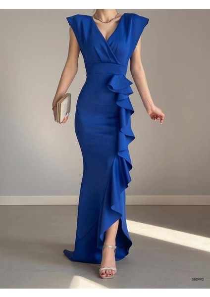 Kruvaze Yaka Volanlı Nikah Düğün ve Mezuniyet Elbisesi 582663-SAKS modelleri