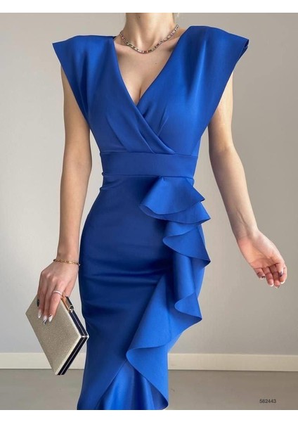 Kruvaze Yaka Volanlı Nikah Düğün ve Mezuniyet Elbisesi 582663-SAKS fırsatları