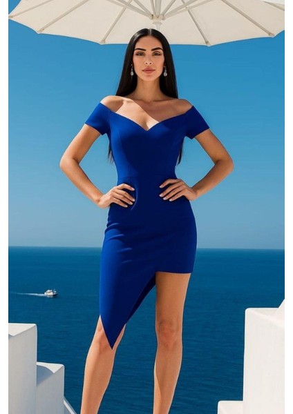 Krep Kumaş Omuz Detaylı Mini Elbise Saks 582879