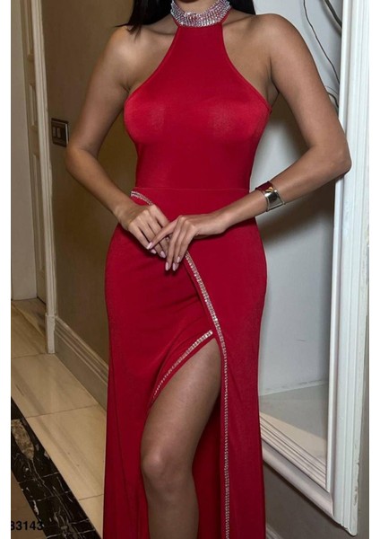 Halter Yaka Taşlı Scuba Abiye Elbise Kırmızı 583143 fiyatları