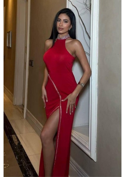 Halter Yaka Taşlı Scuba Abiye Elbise Kırmızı 583143 modelleri
