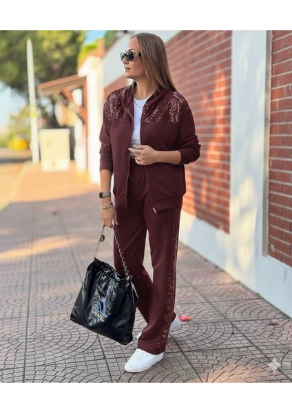 Eyesof Kadın Uzun Kollu Önden Fermuarlı Pul Payetli Alt Üst Viskon Iki Iplik Takım fırsatları