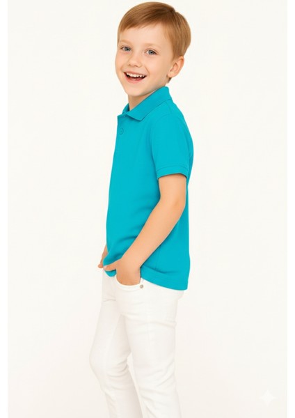 Çocuk Polo Yaka Tişört | Turkuaz | %100 Pamuk | Unisex | Okul & Günlük Kullanım