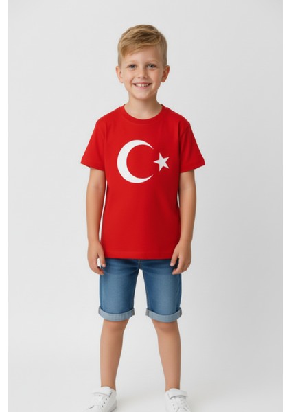 Türk Bayraklı Ay Yıldızlı Kırmızı Unisex Tişört | %100 Pamuk | Çocuk