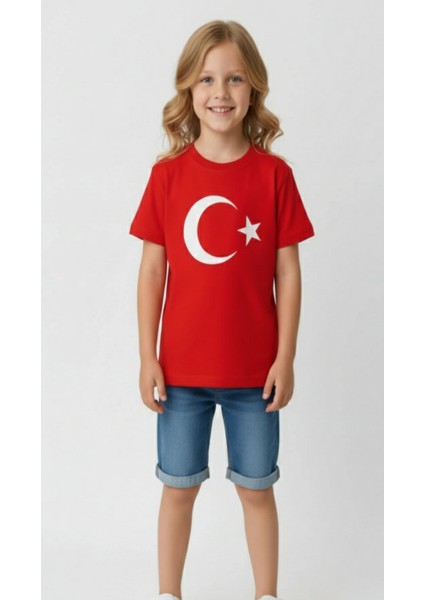 Türk Bayraklı Ay Yıldızlı Kırmızı Unisex Tişört | %100 Pamuk | Çocuk fiyatları