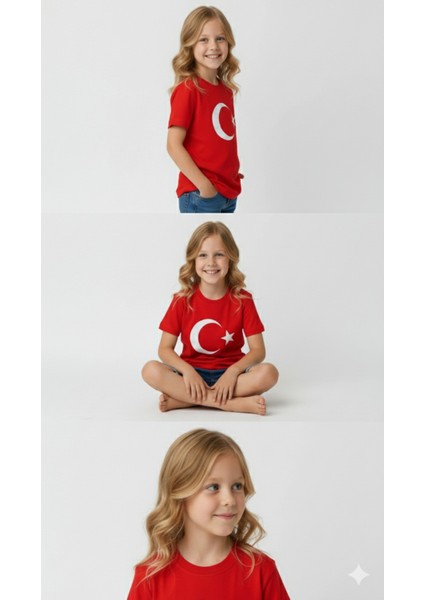 Türk Bayraklı Ay Yıldızlı Kırmızı Unisex Tişört | %100 Pamuk | Çocuk modelleri