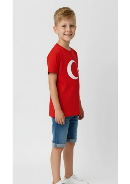 Türk Bayraklı Ay Yıldızlı Kırmızı Unisex Tişört | %100 Pamuk | Çocuk fırsatları
