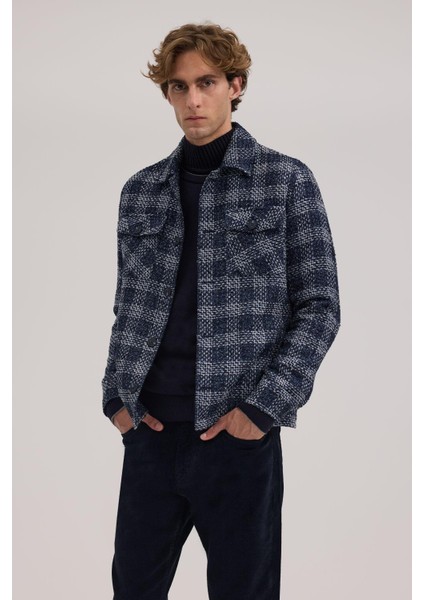 Lacivert Comfort Fit Ekoseli Gömlek Yaka Mont