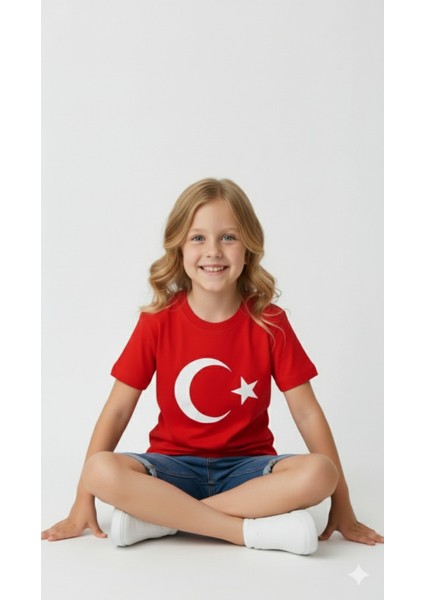 Türk Bayraklı Ay Yıldızlı Kırmızı Unisex Tişört | %100 Pamuk | Çocuk indirimleri