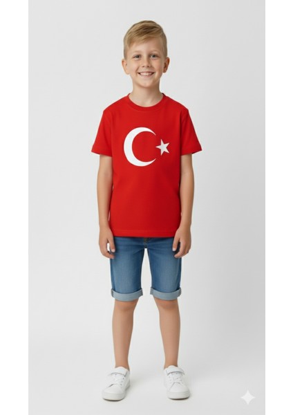Türk Bayraklı Ay Yıldızlı Kırmızı Unisex Tişört | %100 Pamuk | Çocuk