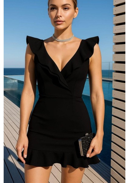 Çift Volanlı Lady Yaka Scuba Kumaş Elbise Siyah 581368
